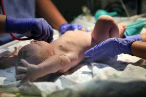 newborn baby with hospital gloved hands close to it