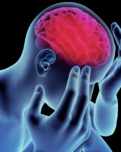 picture of person holding their head and a red brain in pain